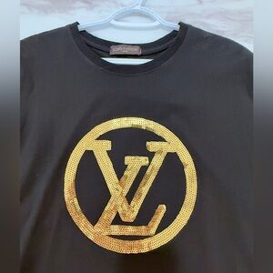 Louis Vuitton Black Tee with Gold Sequin Detail